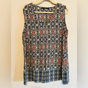 3/$20 Rose & Olive Sleeveless V-Neck Multicolor Patterned Blouse 1X